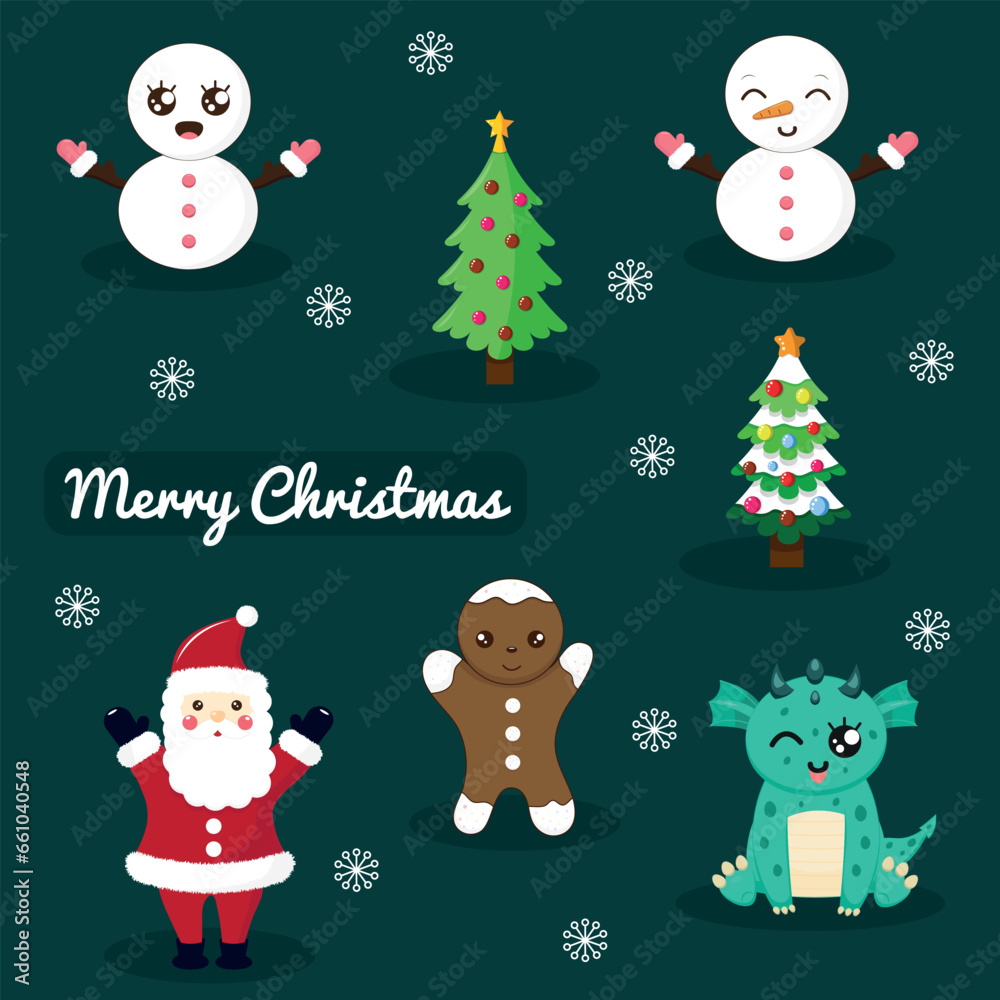 Merry Christmas and Happy New Year. Santa Claus, Christmas tree, snowmen, gingerbread man, dragon, in a trendy retro cartoon style. Set with cartoon characters and elements.