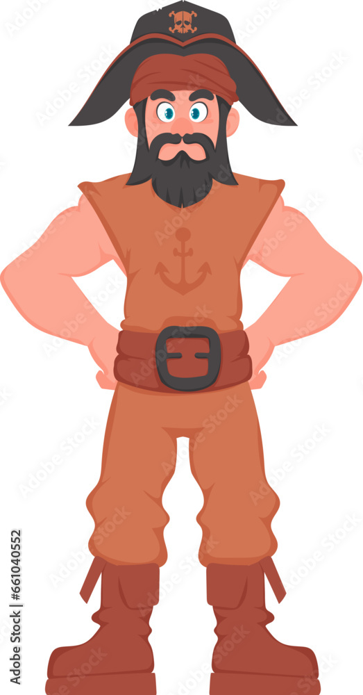 Funny and strict man pirate. Guy in a pirate costume. Cartoon style