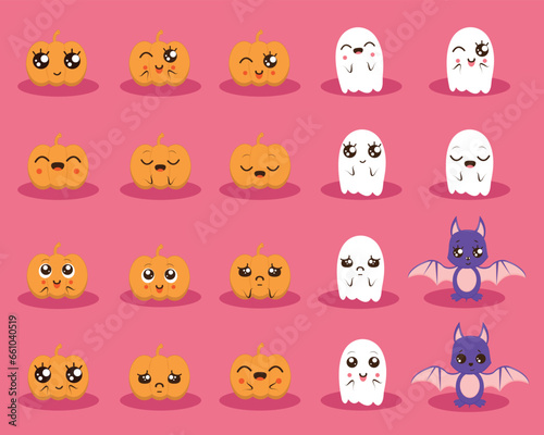 Large Halloween set with ghosts, pumpkins, bats in kawaii style