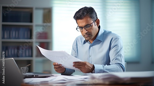 Indian business man, busy mature executive manager holding financial accounting papers checking banking income documents file report using laptop computer working in office sitting at desk