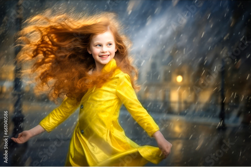 Joyful child in yellow raincoat dancing under the rain, embodying happiness.