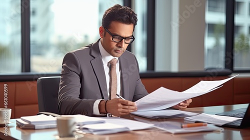 Fototapeta Naklejka Na Ścianę i Meble -  Indian business man, busy mature executive manager holding financial accounting papers checking banking income documents file report using laptop computer working in office sitting at desk