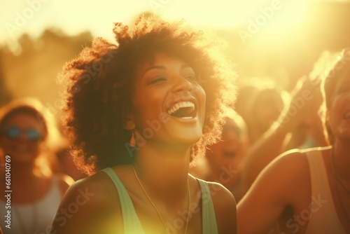 Festival Joy: Female Radiates Happiness, Lost in the Music's Embrace at a Vibrant Music Celebration