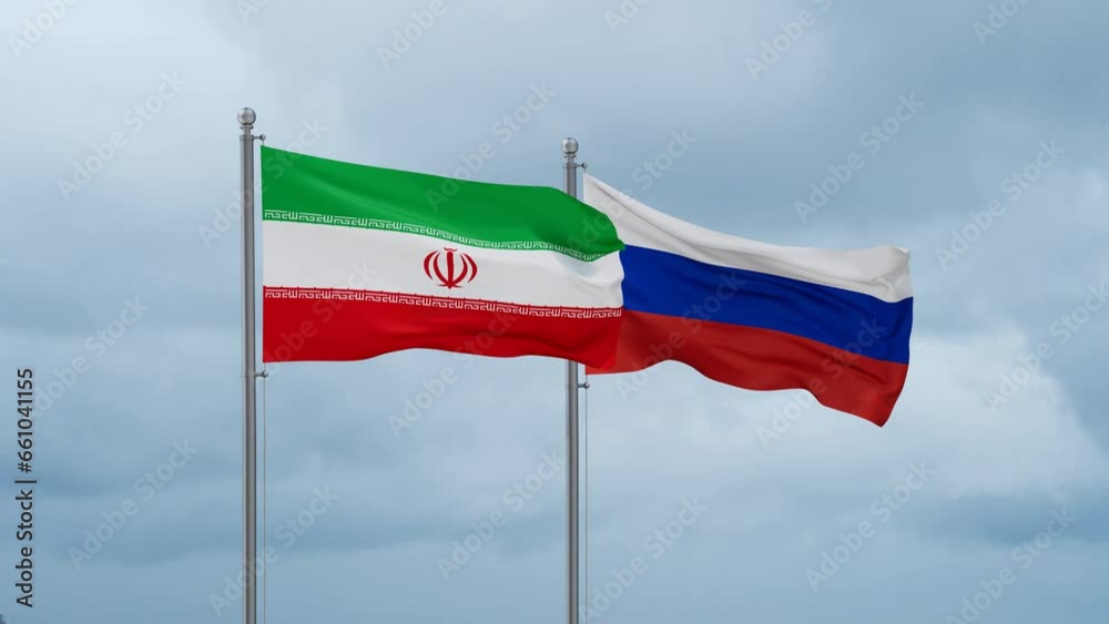 Russian Federation and Iran flag waving together on cloudy sky, endless seamless loop Russian Federation and Iran flag waving together on cloudy sky, endless seamless loop