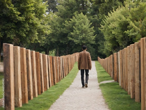 A Man Walking Down A Path Between A Wooden Fence © Pixel Matrix