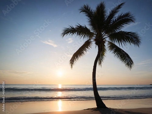 A Palm Tree On The Beach At Sunset