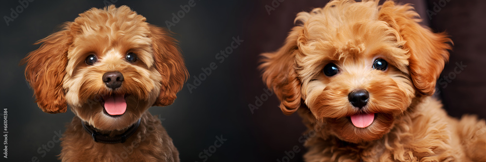 Pet love banner. Set of ginger Maltipoo pups shots on dark background, close-up. Maltipoo dog banner with dark backdrop. Happy Maltipoo puppy with an open mouth isolated on dark setting. Cute dog