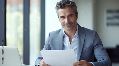 Smiling middle aged executive, mature male hr manager holding documents using laptop looking at pc computer in office at desk, checking financial data in report, doing account paper plan overview photo