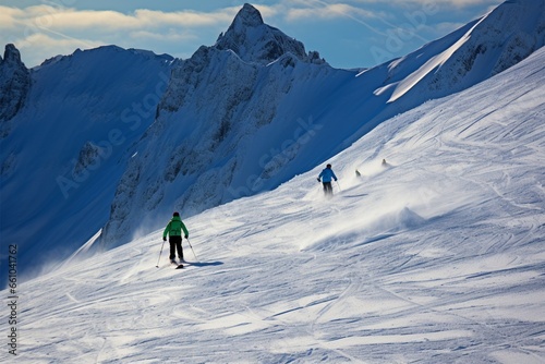 Alpine skiers embrace the stunning snowy backdrop of the mountain range