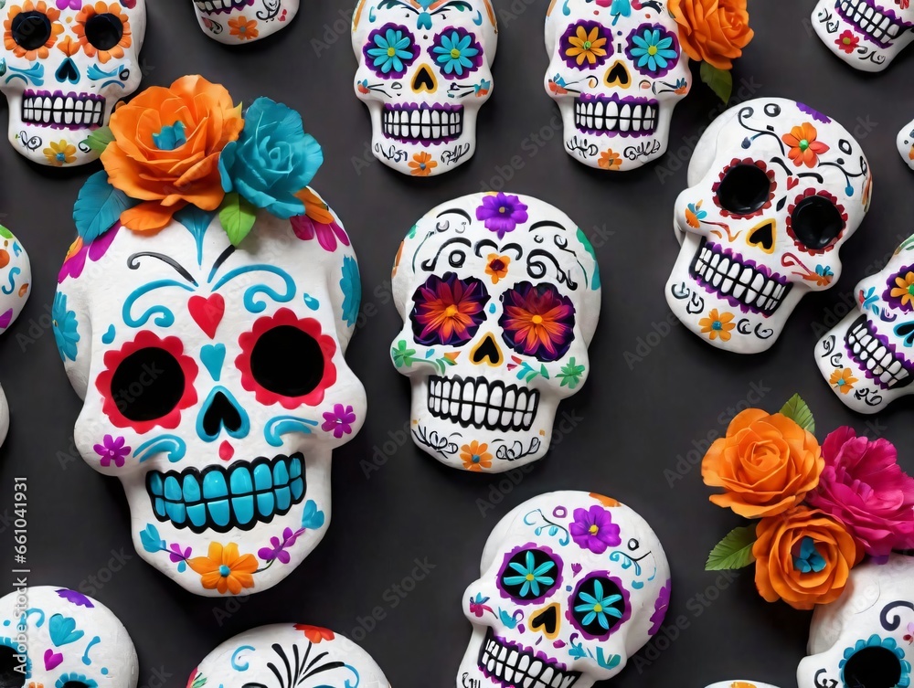 Colorful Skulls With Flowers And Leaves Colorful Skulls With Flowers And Leaves