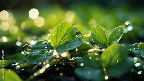 Morning Dew: Close-Up of Green Leaves with Dew Drops,water drops on leaf,green leaves in the sun