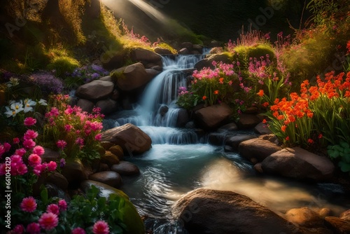 Sunrise Spring Flower Garden stream waterfall - AI Generative