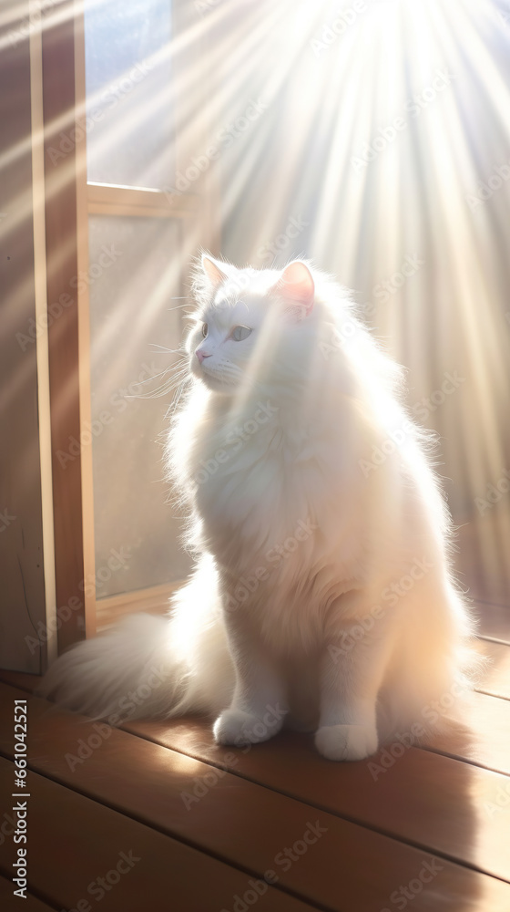 Winter's Grace: White Cat Basking in Sunlight Amidst Snowfall,cat on a window sill