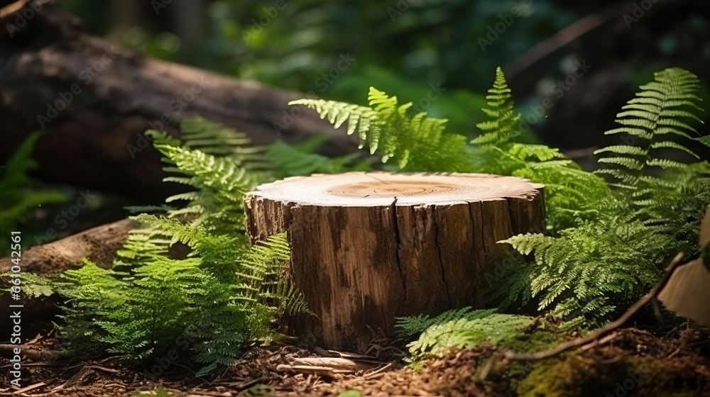 Tree stump in green forest with copyspace. Marketing advertising platform