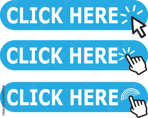 Click here button with arrow pointer clicking icon. Click here vector web button. Web button with action of arrow pointer. Click here, UI button concept. Vector illustration