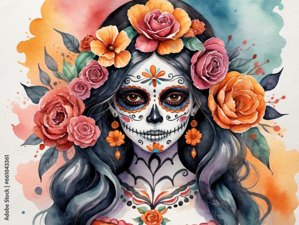 A Watercolor Painting Of A Woman With Flowers On Her Head
