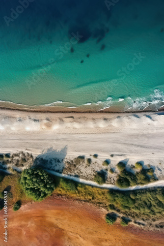 aerial view of a coastline with beach, road and trees