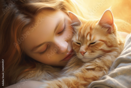 The woman and the cat are sleeping  their faces close. A peaceful and trusting sleeping expression. A concept for daily growth  achievement  and love.