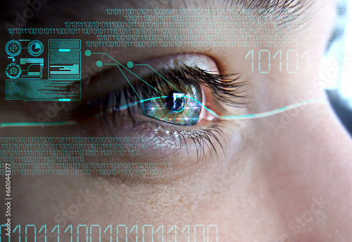 Human eye with cyber retinal recognition for neuro link connection, smart lens eyes, vision diagnostics. Augmented virtual reality in metaverse. AI artificial intelligence.