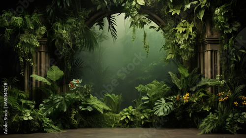 Green plants indoor garden. Fantasy forest area with copyspace