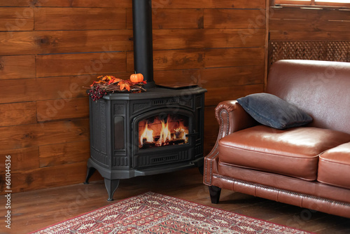 Wallpaper Mural Black modern Cast iron wood stove at home. Fragment of interior of country house. Interior cozy living room with wood burning stove inside, comfortable sofa, rustic wooden walls and carpet on floor.	
 Torontodigital.ca
