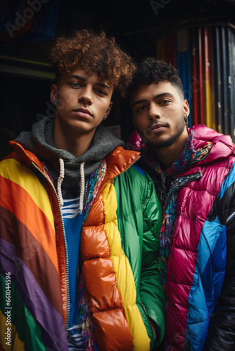 Latin gay teen couple hugging and smiling for the camera. Alternative and colorful urban style clothing. Urban environment. LGBT flag and colors. LGBT community concept. Claim of rights. Pride day.