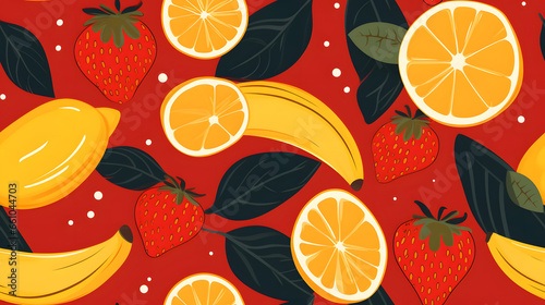 Banana, strawberry and orange seamless pattern, illustration, Generative Ai