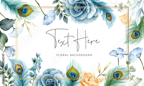 floral background with beautiful rose flower and peacock feather