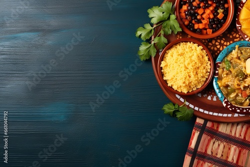 A visual journey into Moroccan cuisine, with couscous and a tantalizing tagine presented in a thoughtful flat lay, providing ample empty space for versatile use.