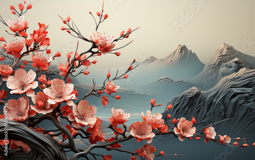 Chinese landscape decorative illustration,created with Generative AI tecnolog photo