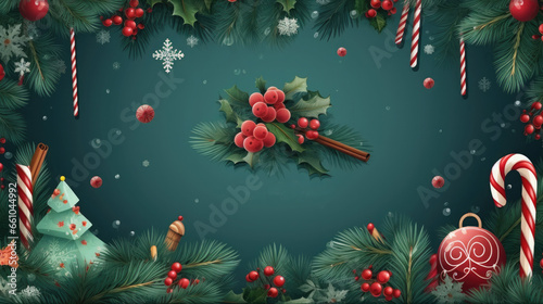 Happy New Year banner, Xmas with Christmas nutcracker, green pine branches, candy stick and holly berry. Horizontal Christmas posters, greeting 