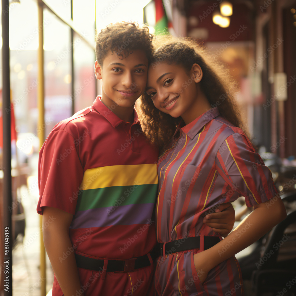 LGTB community concept. Teenage friends hugging and smiling for the camera. Alternative and colorful urban style clothing. Urban environment. LGBT flag and colors. Pride day concept. Friendship.