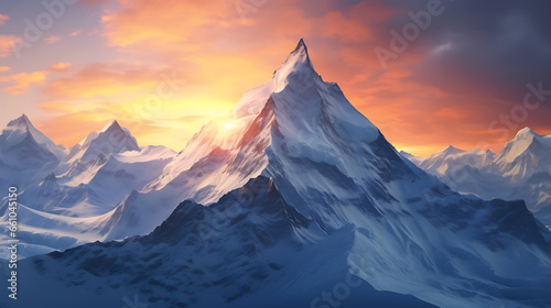 sunrise, mountains paysage, snow on the top of mountains, beautiful light, cinematic 8k photorealistic ultra detailed