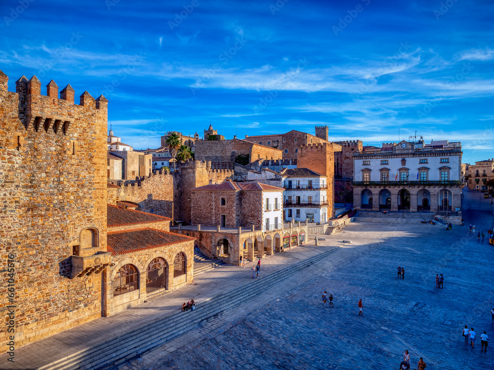 Fototapeta premium Plaza Mayor of Caceres at sunset, overhead view.