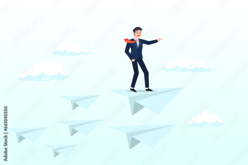 Confidence businessman standing on leading flying paper airplane origami pointing finger to the direction to reach goal, business leadership, woman power to lead company to achieve target (Vector)