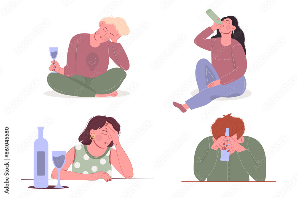Alcoholism concept of women, men sitting with bottle of alcohol. Alcoholism concept of women, men sitting with bottle of alcohol.