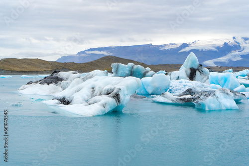 Jokulsarlon lake in Iceland. Iceland. Ice as a background. Vatnajokull National Park. Panoramic view of the ice lagoon. Winter landscapes in Iceland. Natural background. 