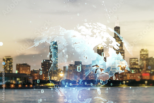 Multi exposure of abstract graphic coding sketch and world map on Chicago cityscape background, big data and networking concept