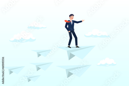 Confidence businessman standing on leading flying paper airplane origami pointing finger to the direction to reach goal, business leadership, woman power to lead company to achieve target (Vector)