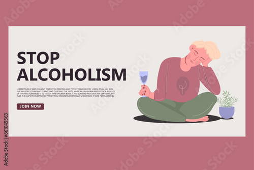 Stop alcoholism concept banner. Sad man sits and drinks
