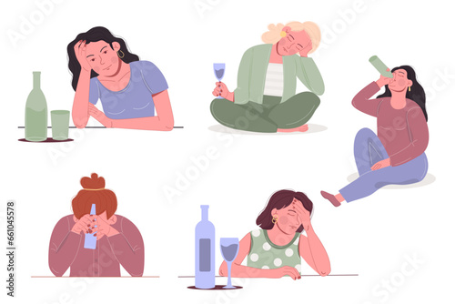 Female alcoholism concept woman sitting with bottle of alcohol. Flat style