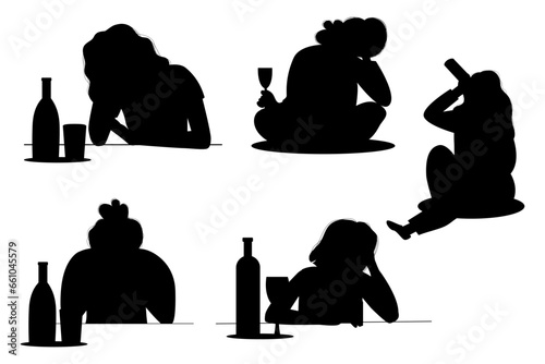 Female alcoholism silhouette concept woman sitting with bottle of alcohol