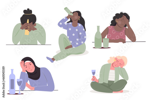 Female alcoholism concept African American, hijab woman sitting with bottle of alcohol.
