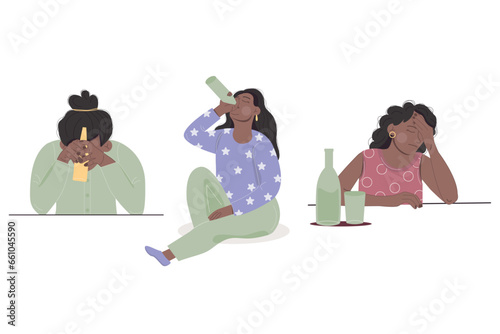 Female alcoholism concept African American woman sitting with bottle of alcohol.