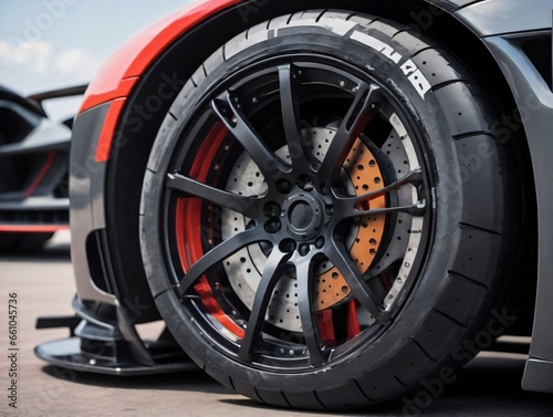 The Front Wheel Of A Red Sports Car