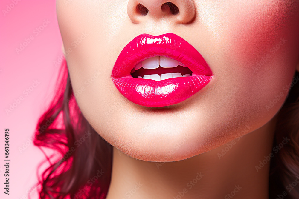 Captivating close-up of female's pink lips displayed in elegant lipstick. Captivating close-up of female's pink lips displayed in elegant lipstick.