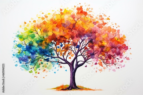 Colorful nature illustration of a tree painted with watercolors, set against a plain white backdrop. Generative AI
