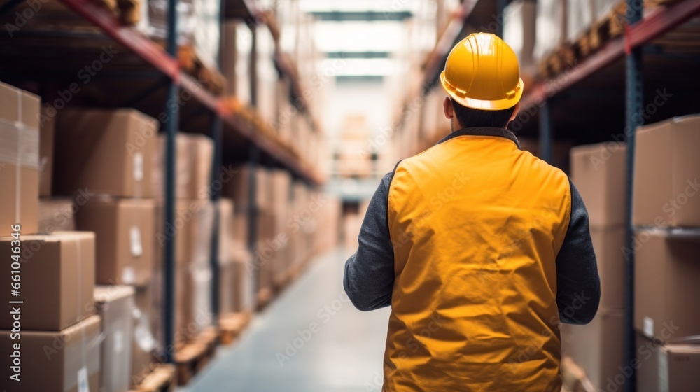 Rear view mid adult man checking stock in warehouse with hardhat and reflective clothing. Factory worker inspecting in storage room
