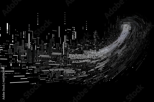 A city skyline with a digital wave flowing through in grayscale photo