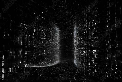 Digital tunnel with luminous particles forming walls in a grayscale setting